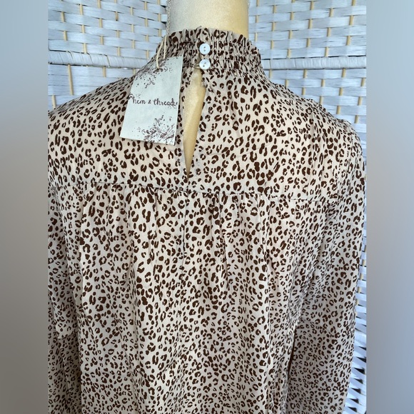 NWT Hem & Thread Cheetah Frills Smocked Ivory Mocha Bohemian Top Blouse - Picture 7 of 11
